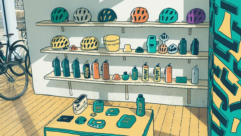 Illustrazione di campagna: accessori outdoor per un percorso in bicicletta
